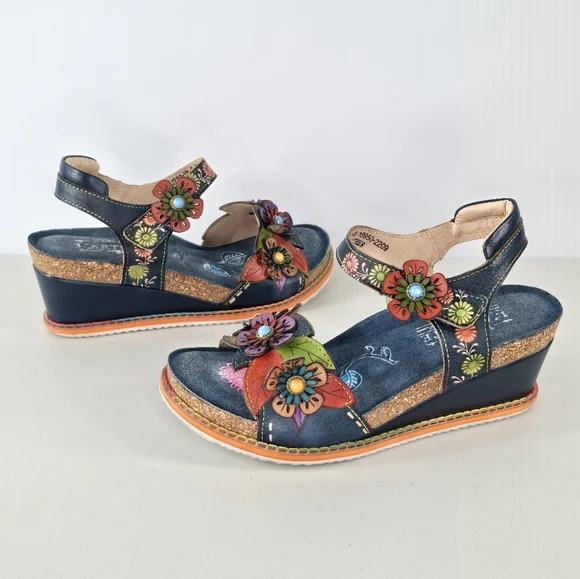 L’Artiste Gazebo Floral Leather Platform Wedge Sandals EU 38 US Size 7.5-8 - Picture 1 of 9
